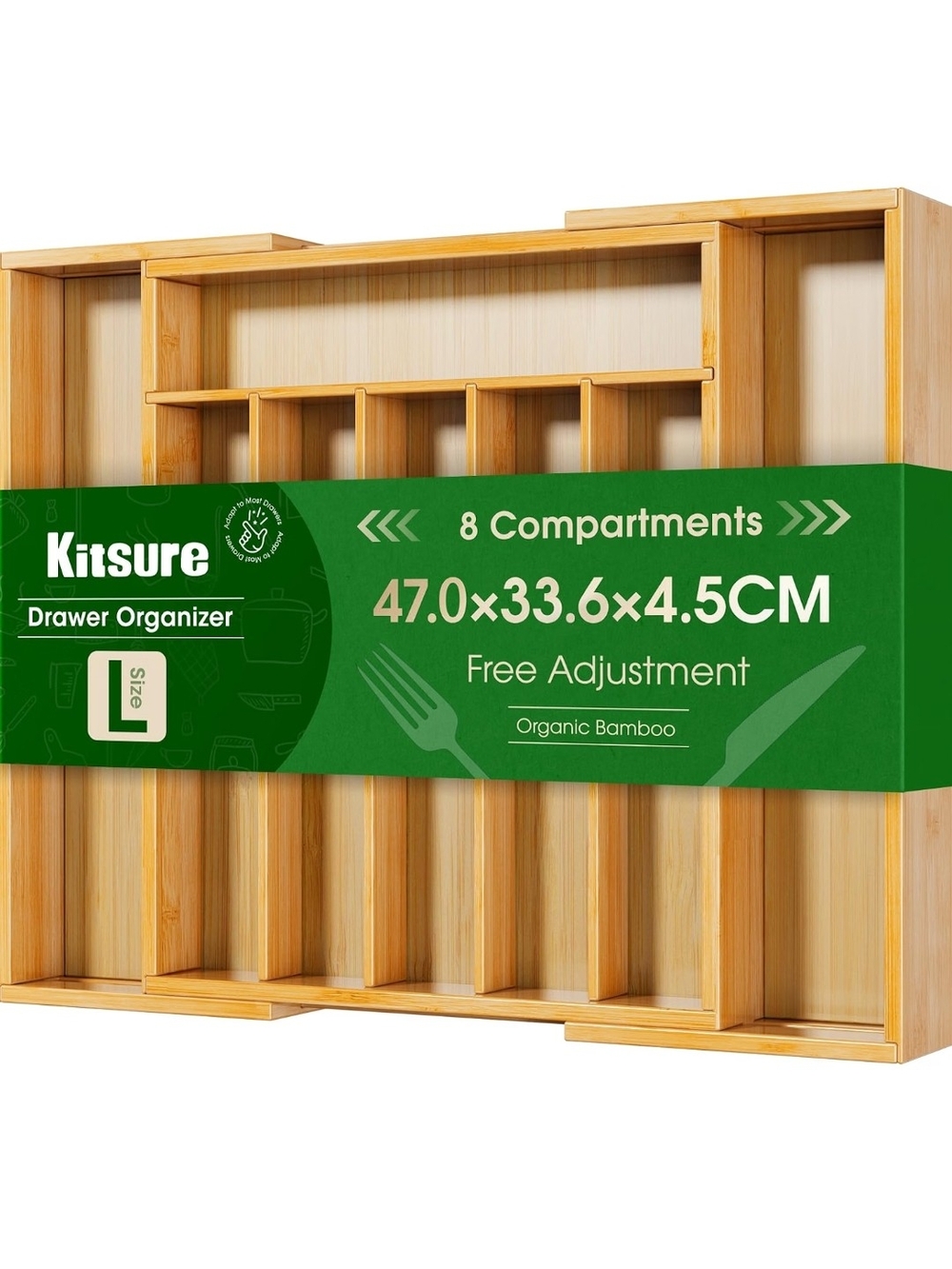 Kitsure Silverware Expandable Bamboo Drawer Organizer With 8-Compartments Size L